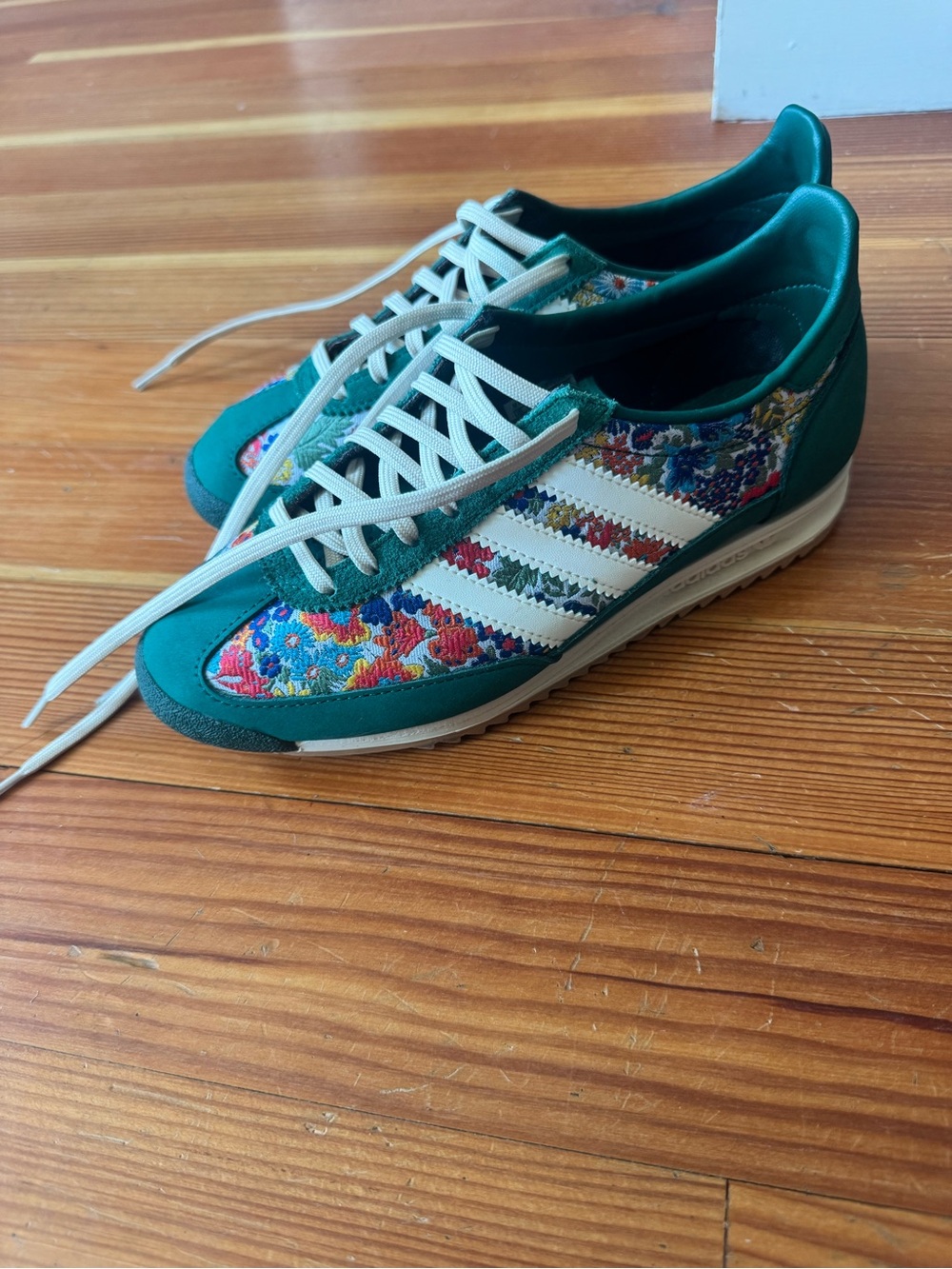 adidas Teal Green Suede Floral Panel Sneakers with White Stripes - Picture 2 of 8